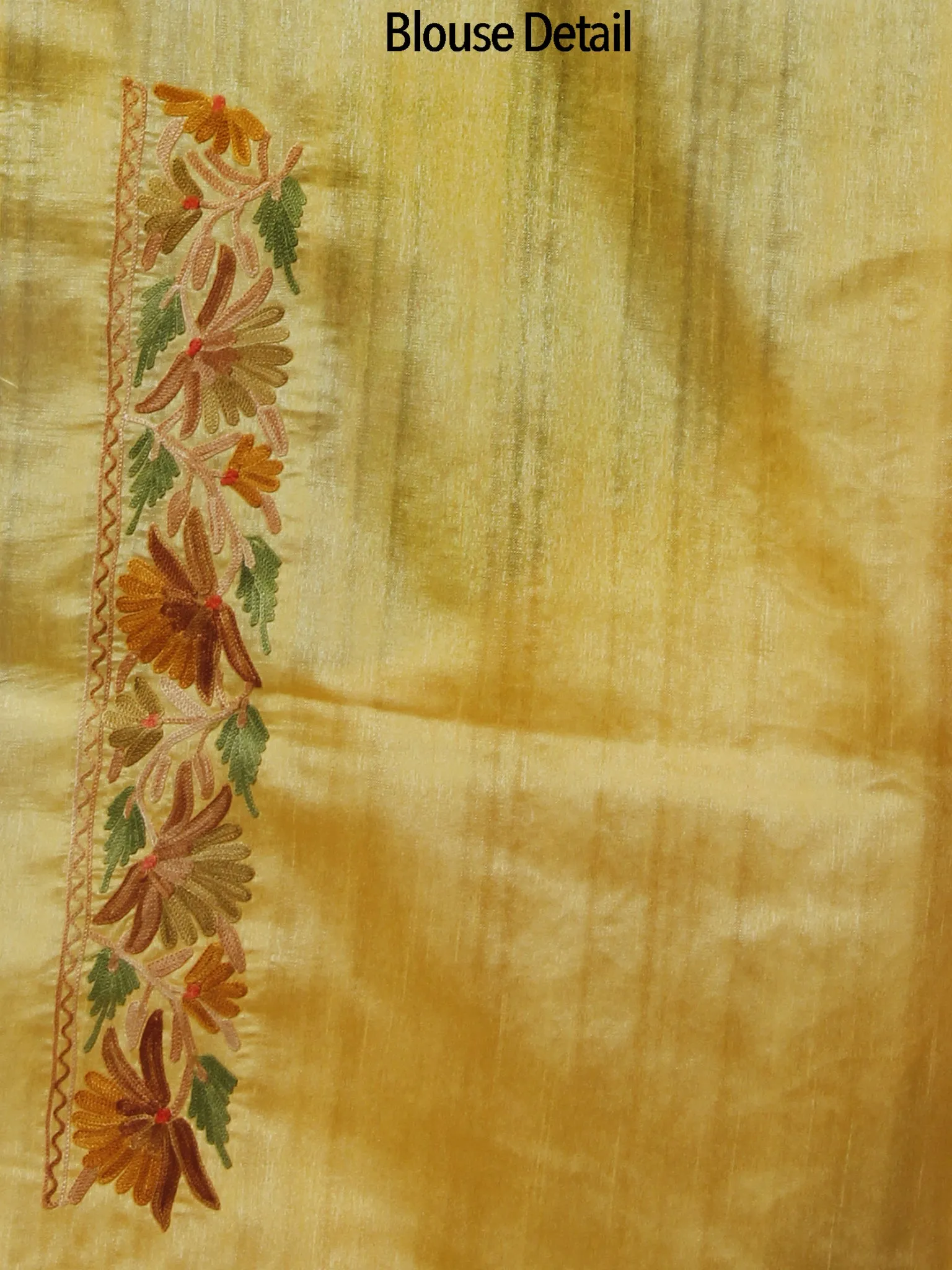 Pastel Yellow Brown Green Aari Embroidered Bhagalpuri Silk Saree From Kashmir  - S031702151