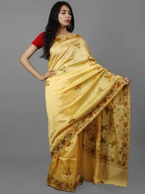 Pastel Yellow Brown Green Aari Embroidered Bhagalpuri Silk Saree From Kashmir  - S031702151