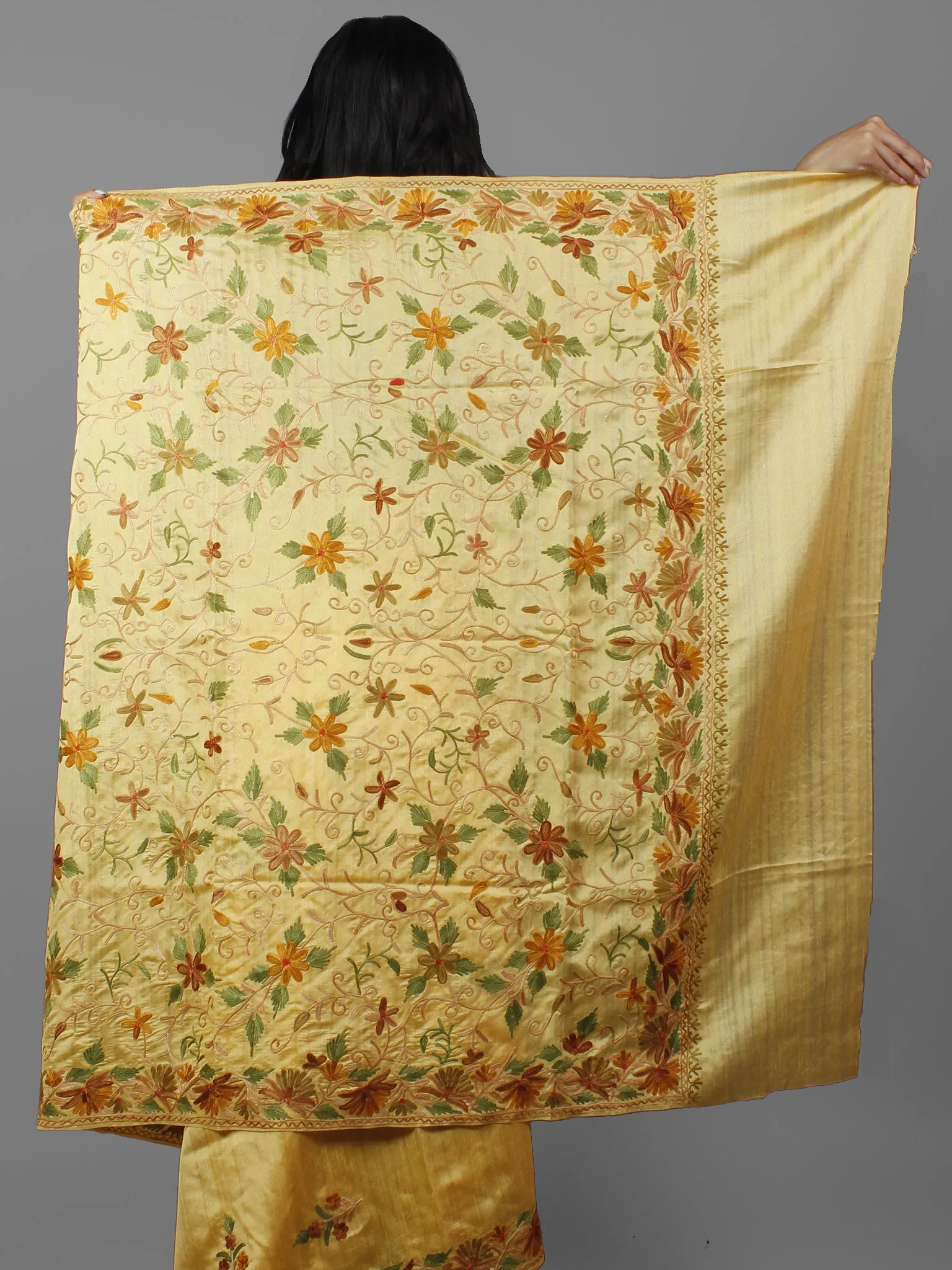 Pastel Yellow Brown Green Aari Embroidered Bhagalpuri Silk Saree From Kashmir  - S031702151