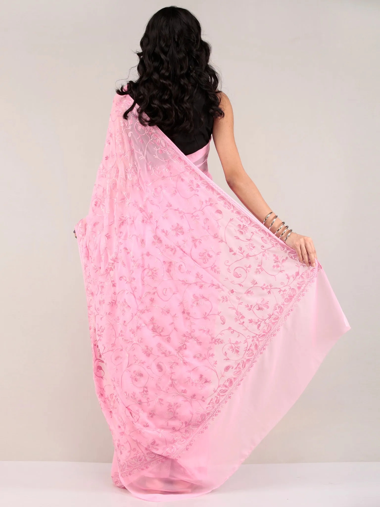 Pink Aari Embroidered Georgette Saree From Kashmir - S031704656