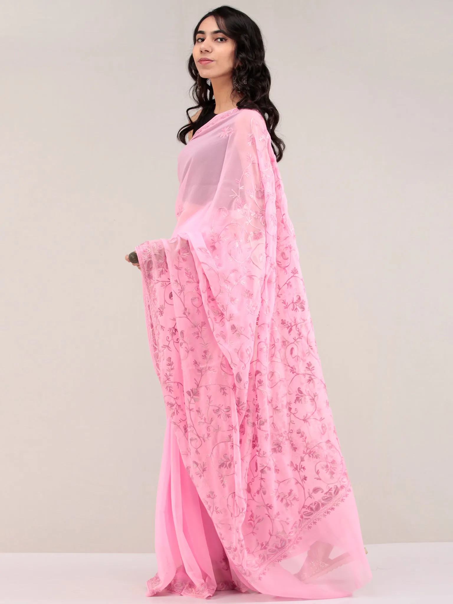 Pink Aari Embroidered Georgette Saree From Kashmir - S031704656