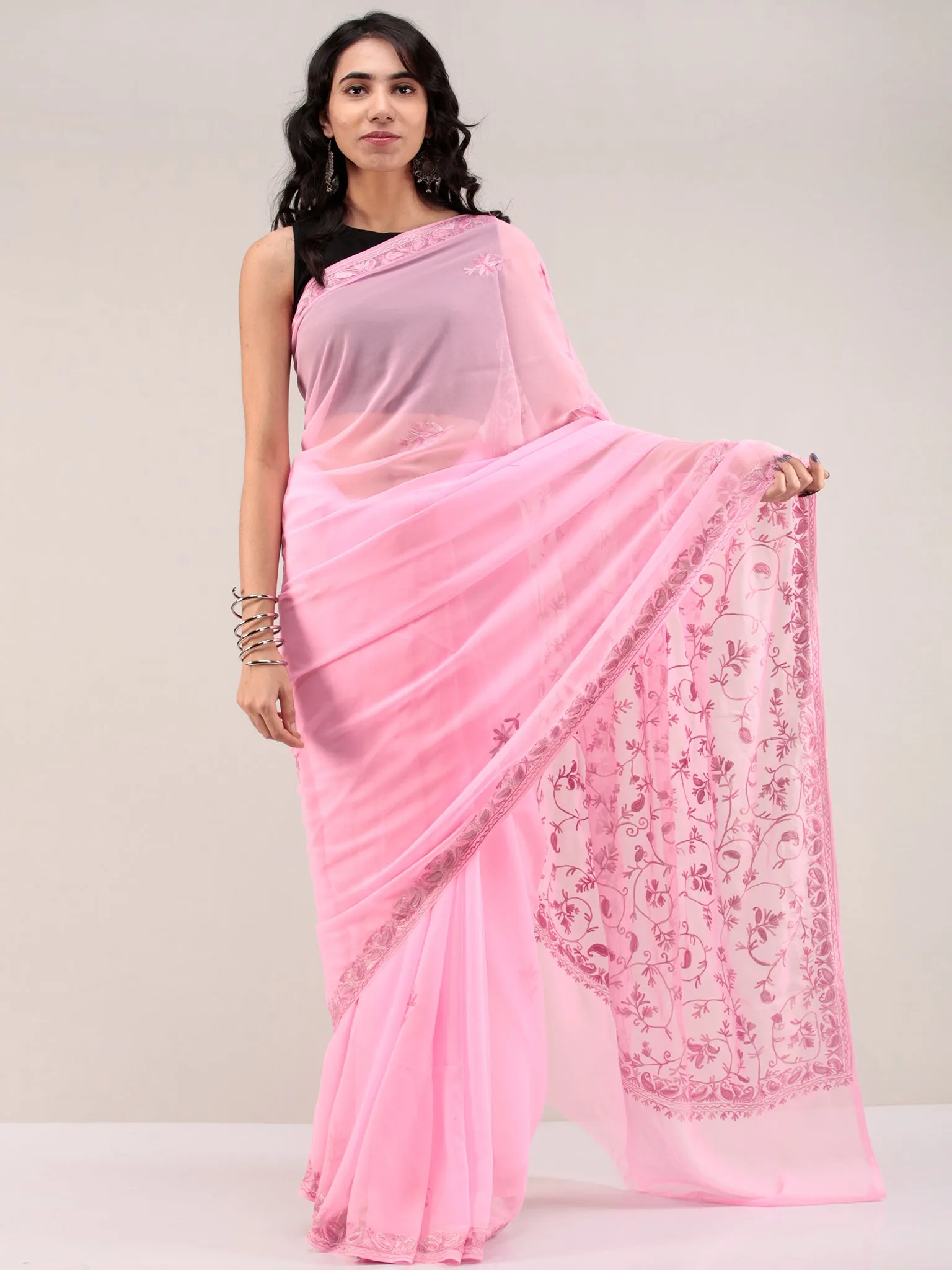 Pink Aari Embroidered Georgette Saree From Kashmir - S031704656