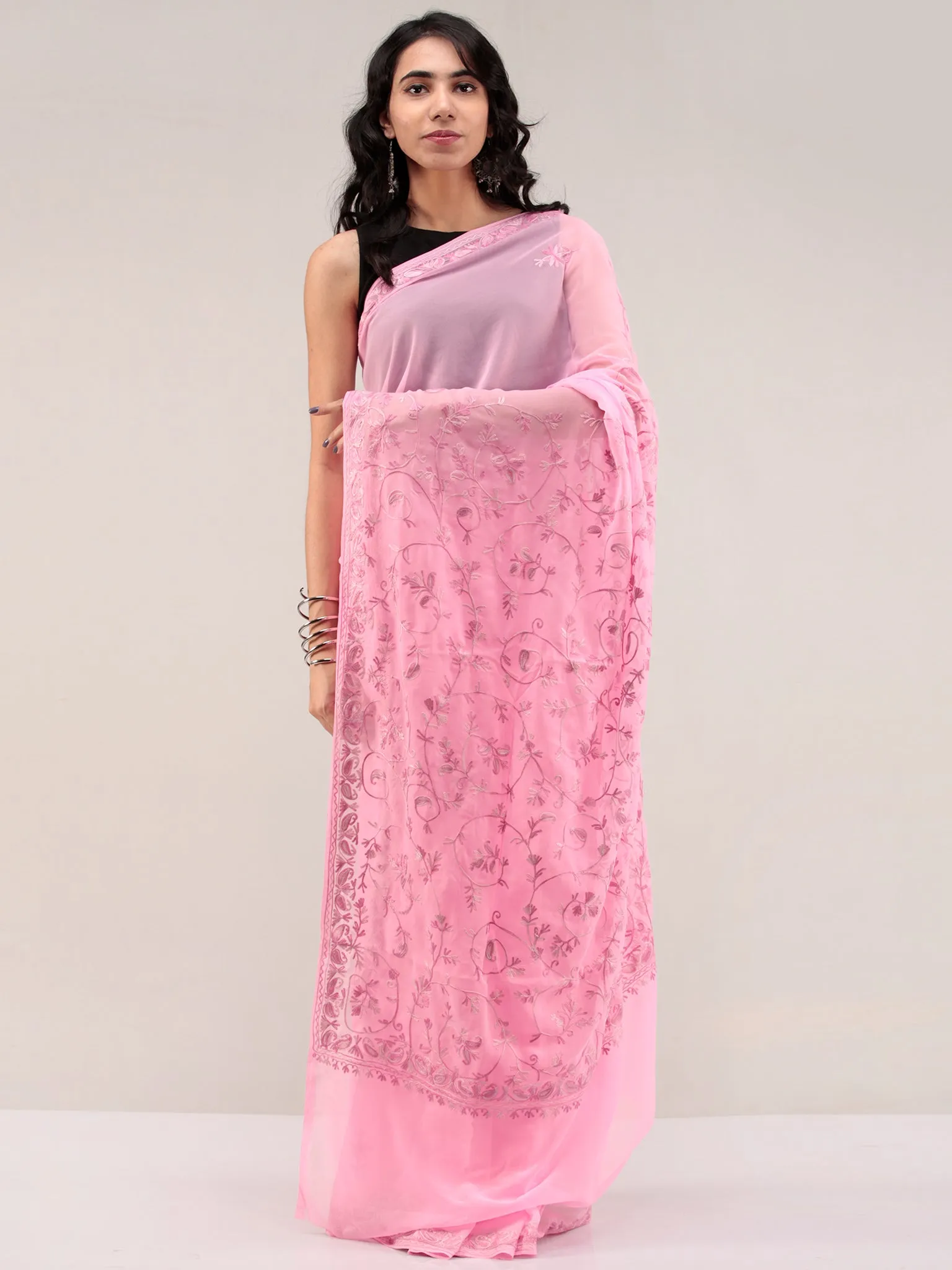 Pink Aari Embroidered Georgette Saree From Kashmir - S031704656