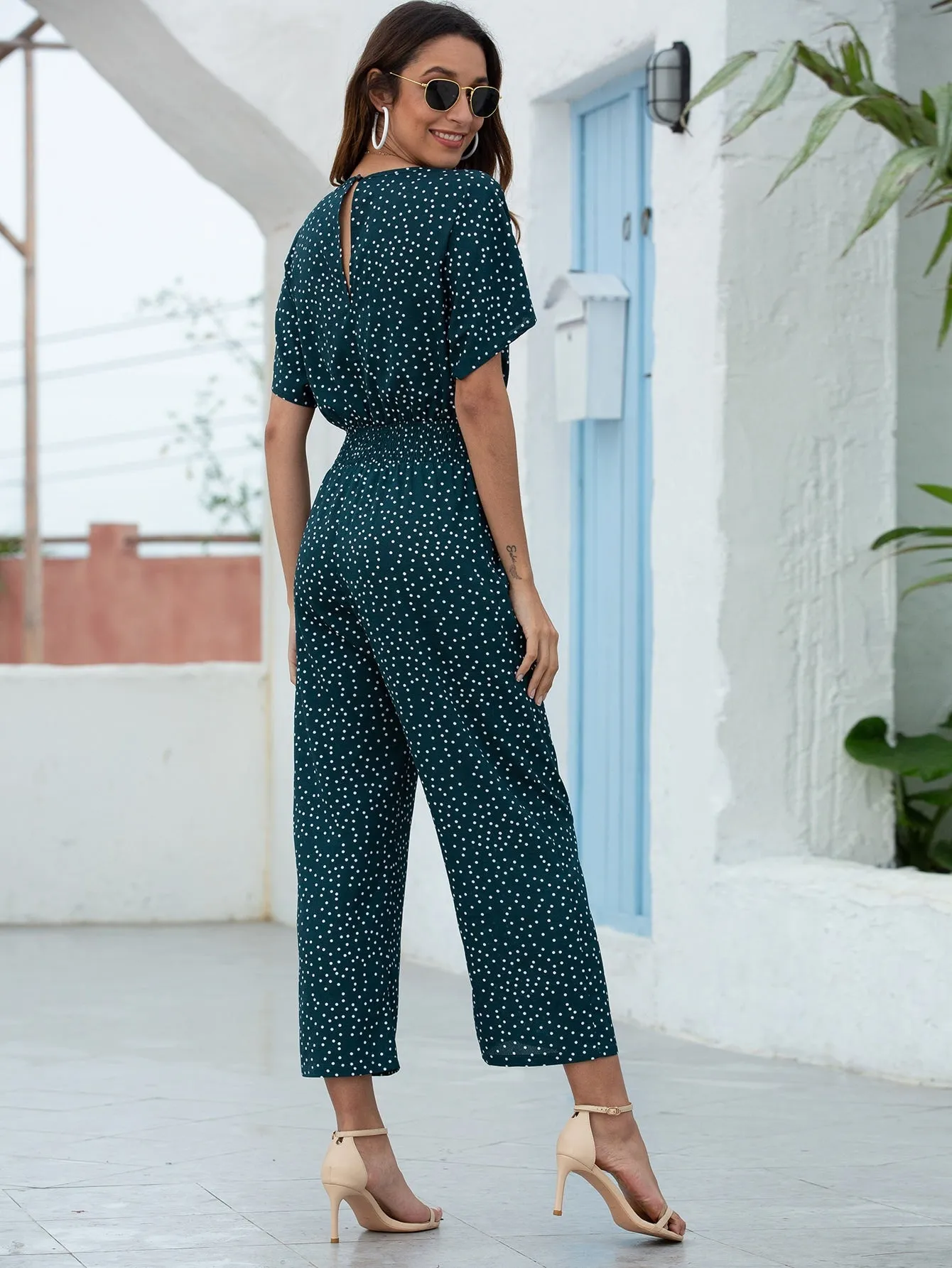 Polka Dot Surplice Front Jumpsuit