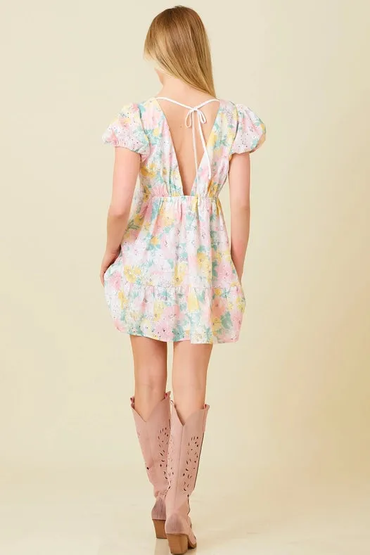 Printed Eyelet Tiered Mini Dress