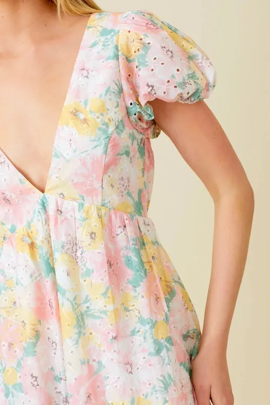 Printed Eyelet Tiered Mini Dress