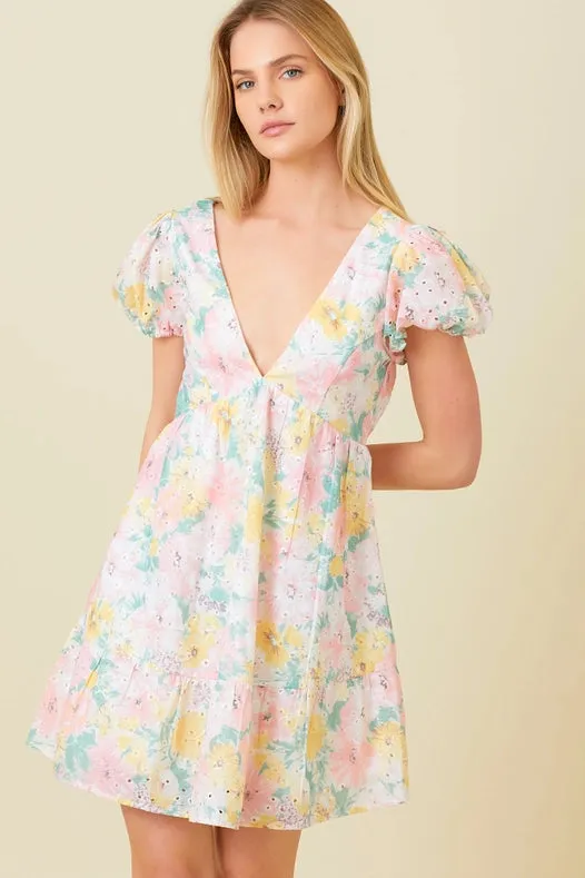 Printed Eyelet Tiered Mini Dress