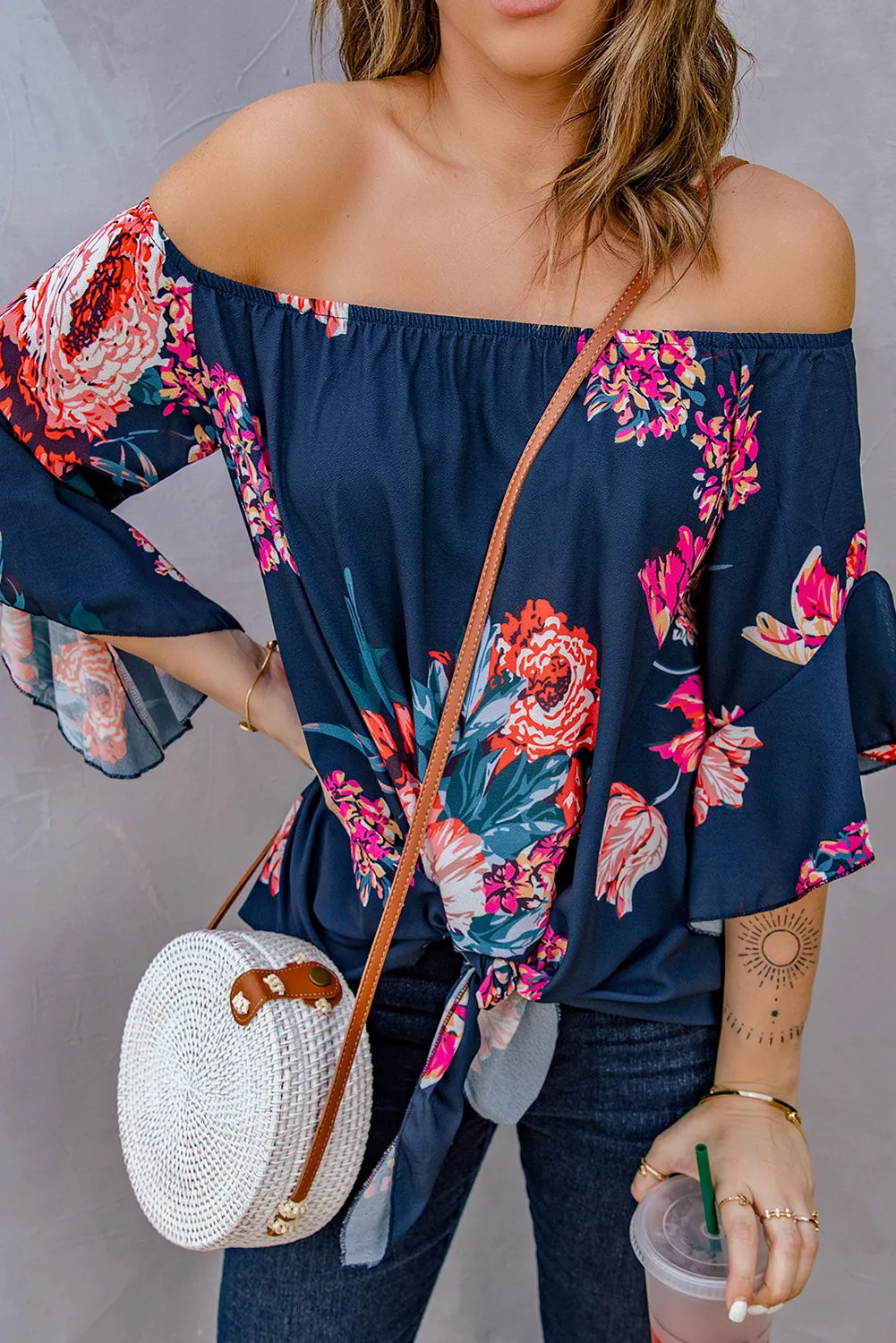 Printed Off-Shoulder Flounce Sleeve Top