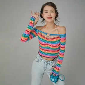 Rainbow Stripes Off-Shoulder Top