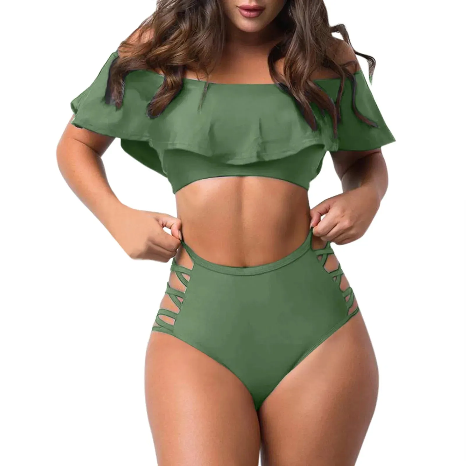 Ruffled Off Shoulder & Sexy Tight Split Bikini Sets