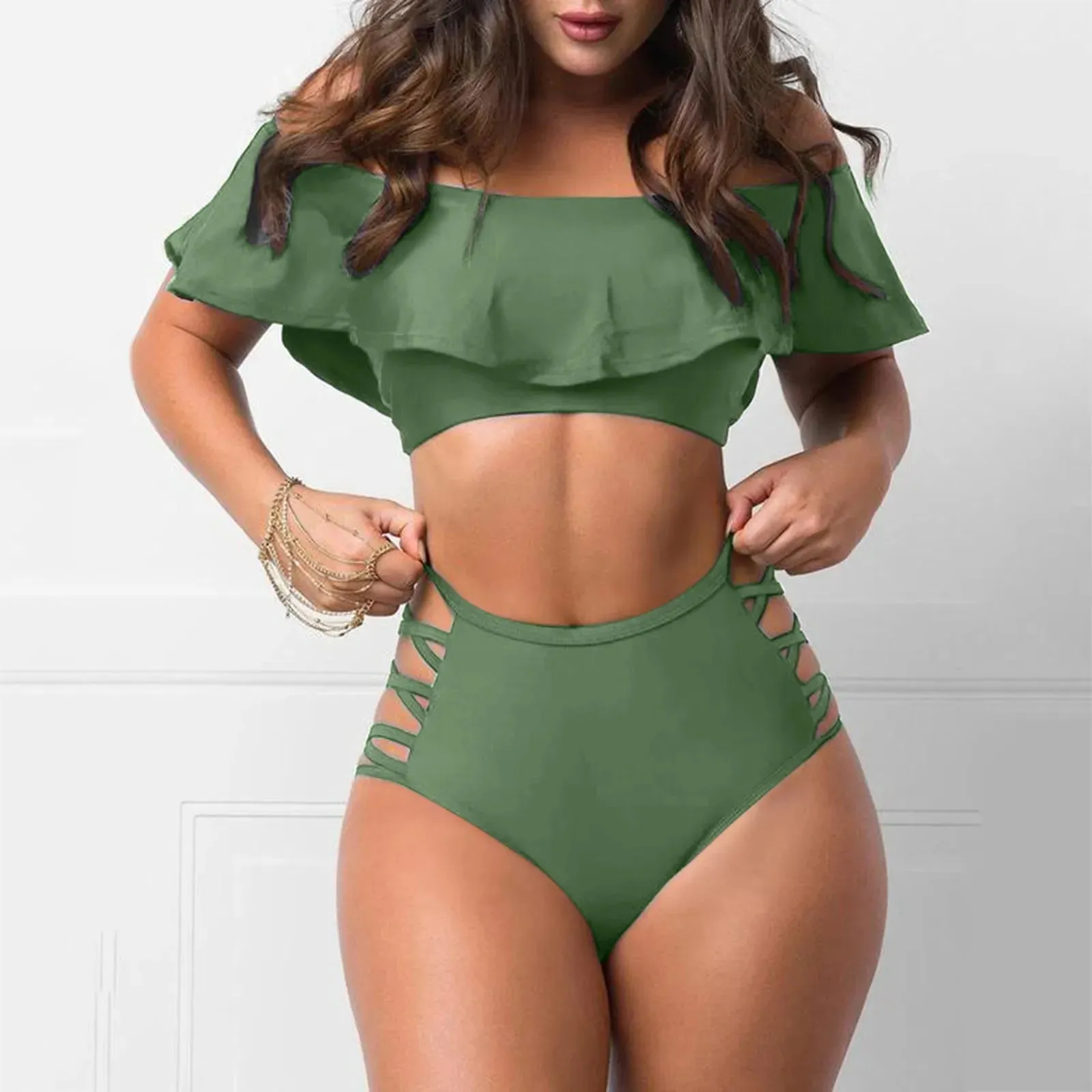 Ruffled Off Shoulder & Sexy Tight Split Bikini Sets