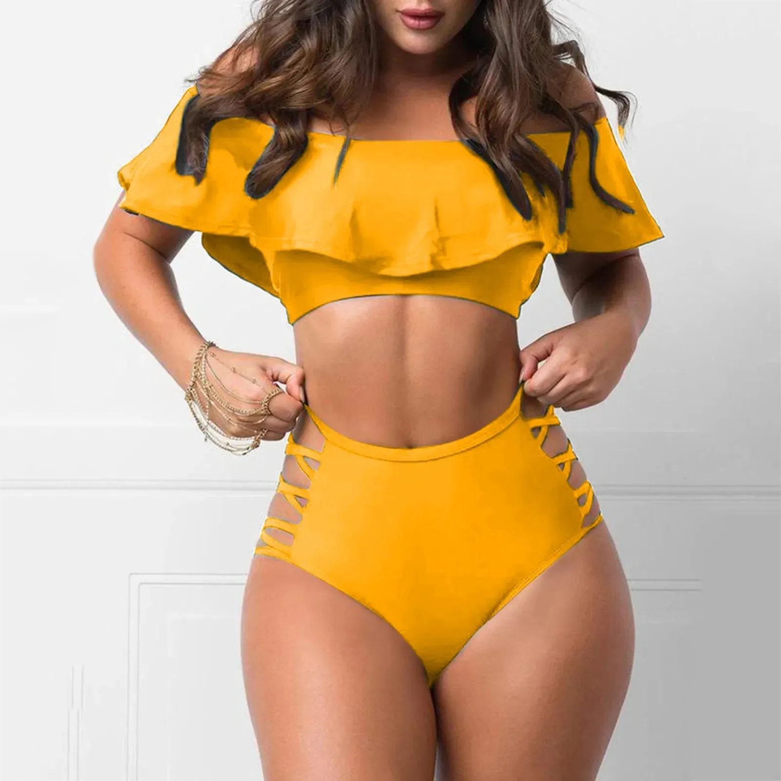 Ruffled Off Shoulder & Sexy Tight Split Bikini Sets