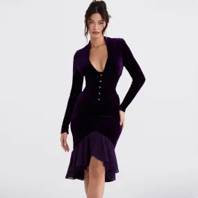 Sexy High Low Mesh Panel Ruffle Hem Long Sleeve Velvet Mini Dress - Purple