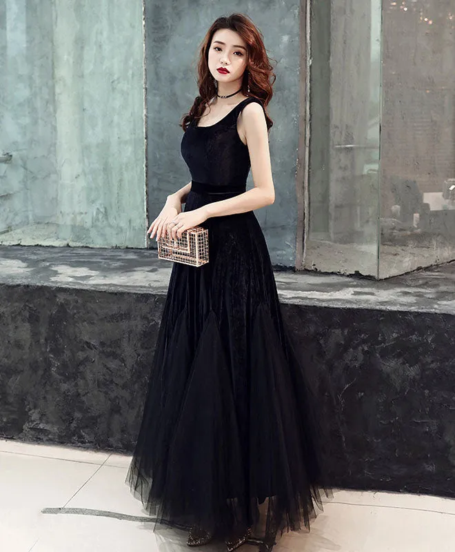 Simple Black Tulle Prom Dress, Black Velvet Tulle Formal Dress