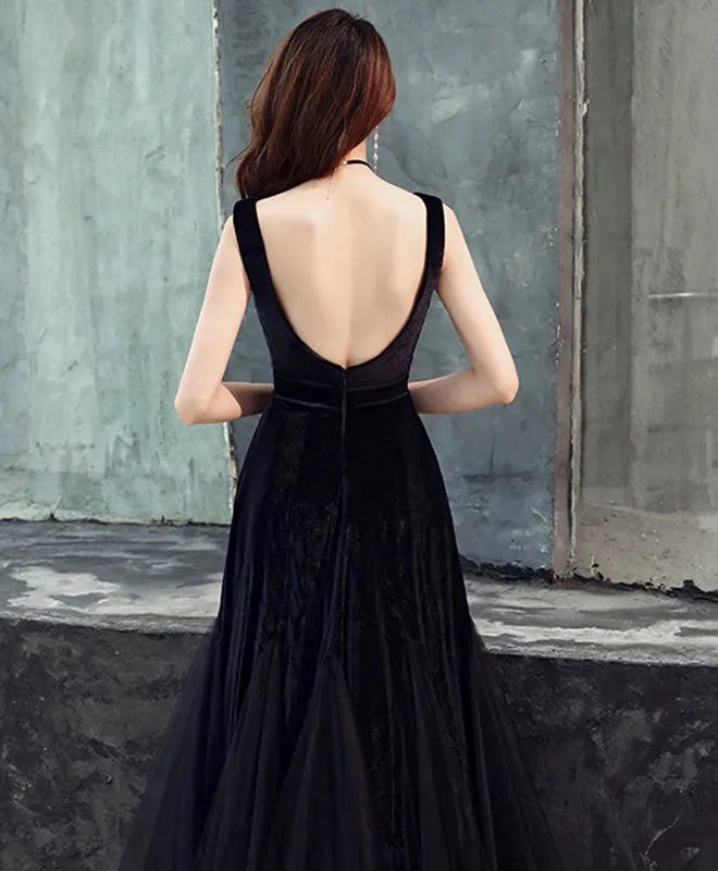 Simple Black Tulle Prom Dress, Black Velvet Tulle Formal Dress