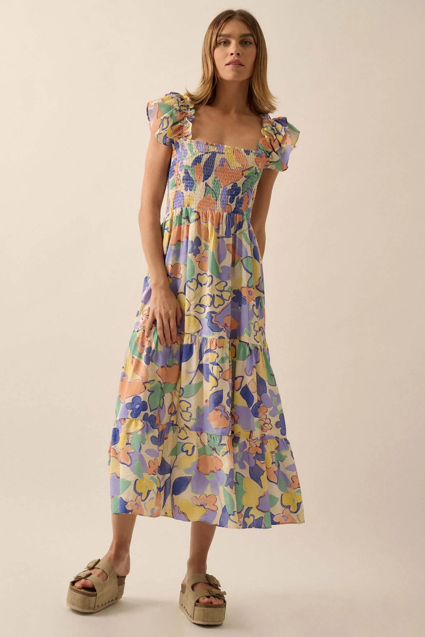 Soft Showers Smocked Floral Tiered Midi Dress