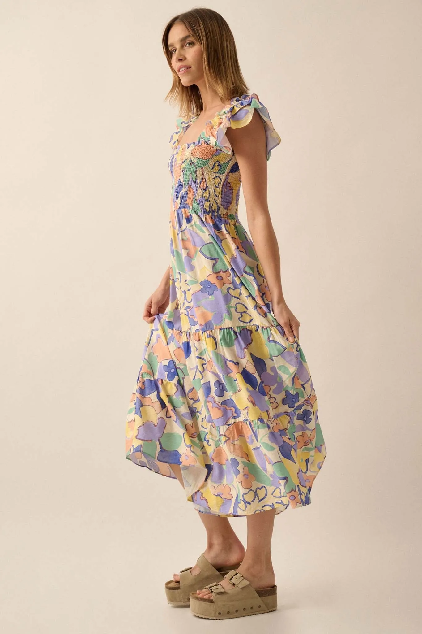 Soft Showers Smocked Floral Tiered Midi Dress