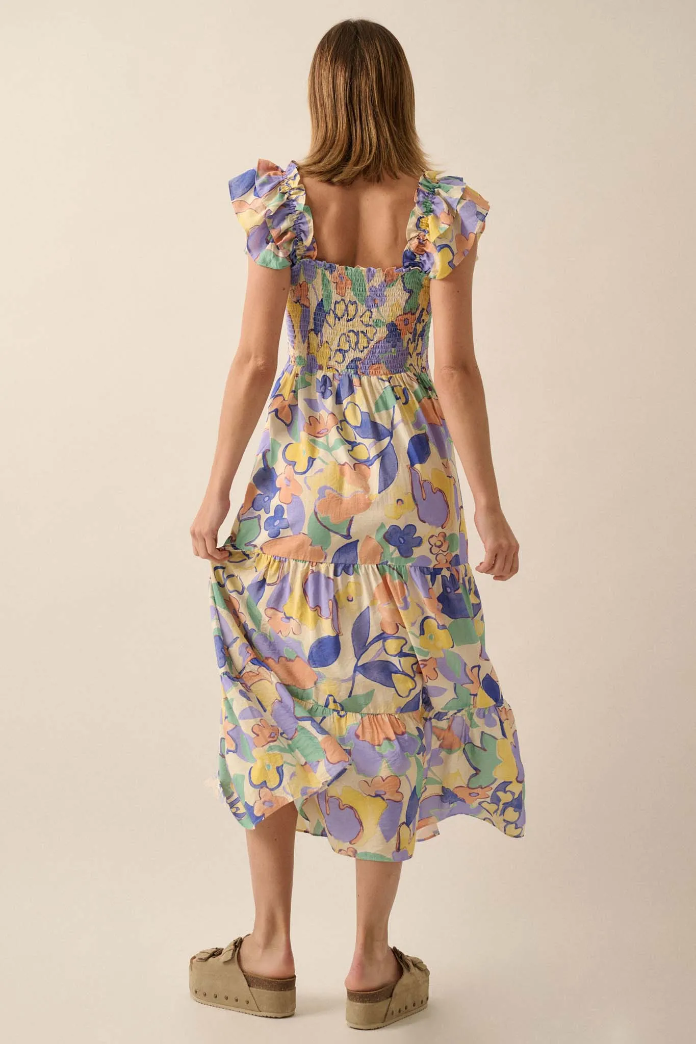 Soft Showers Smocked Floral Tiered Midi Dress