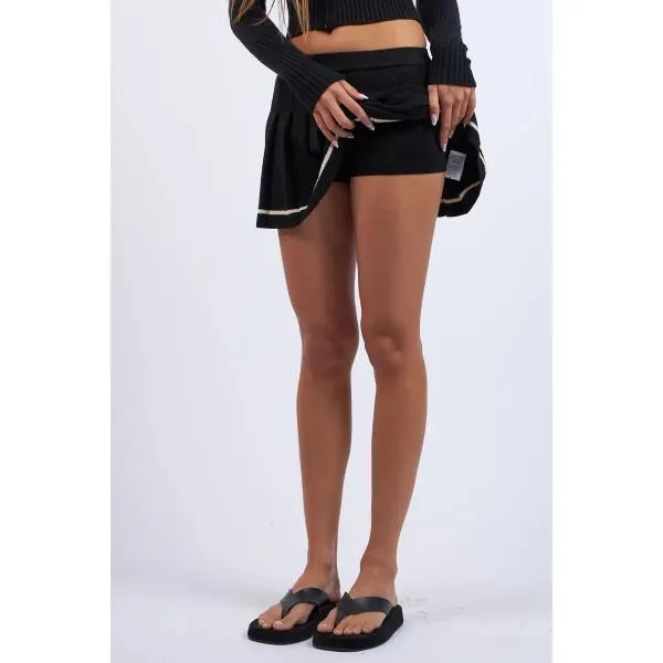 Solid Color Line Point Pleated Knit Mini Skirt - Black -