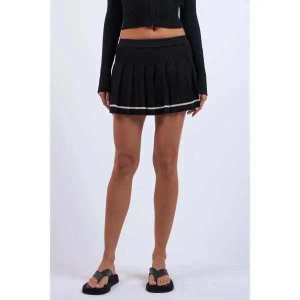 Solid Color Line Point Pleated Knit Mini Skirt - Black -