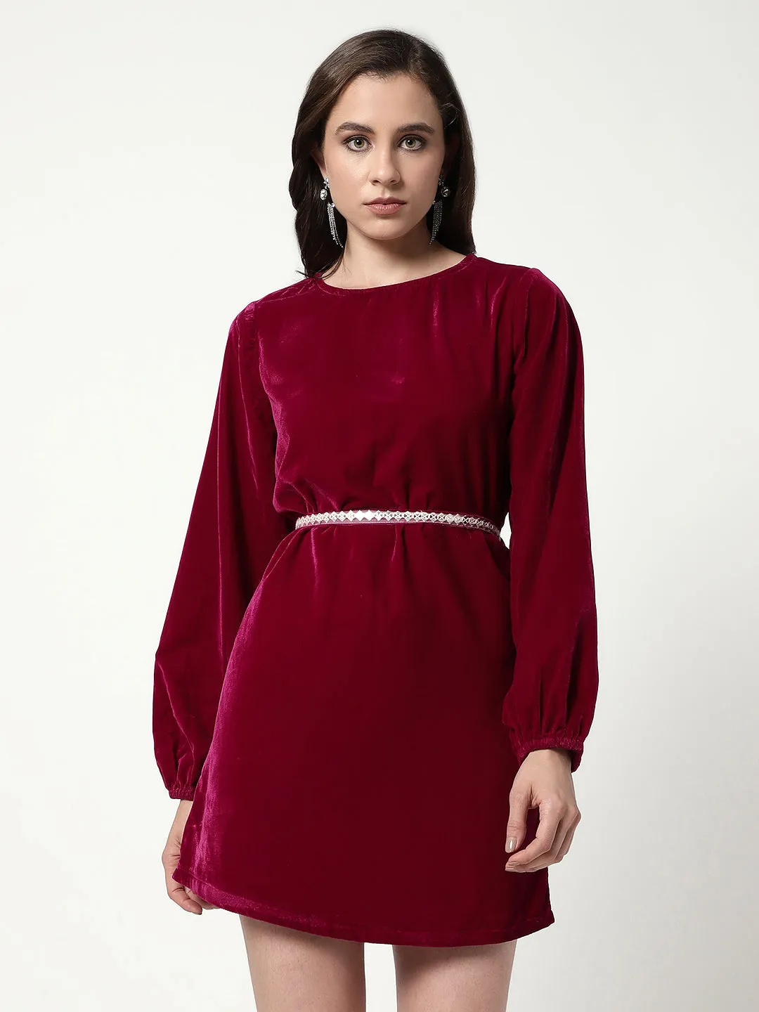 Solid Velvet Dress With Belt