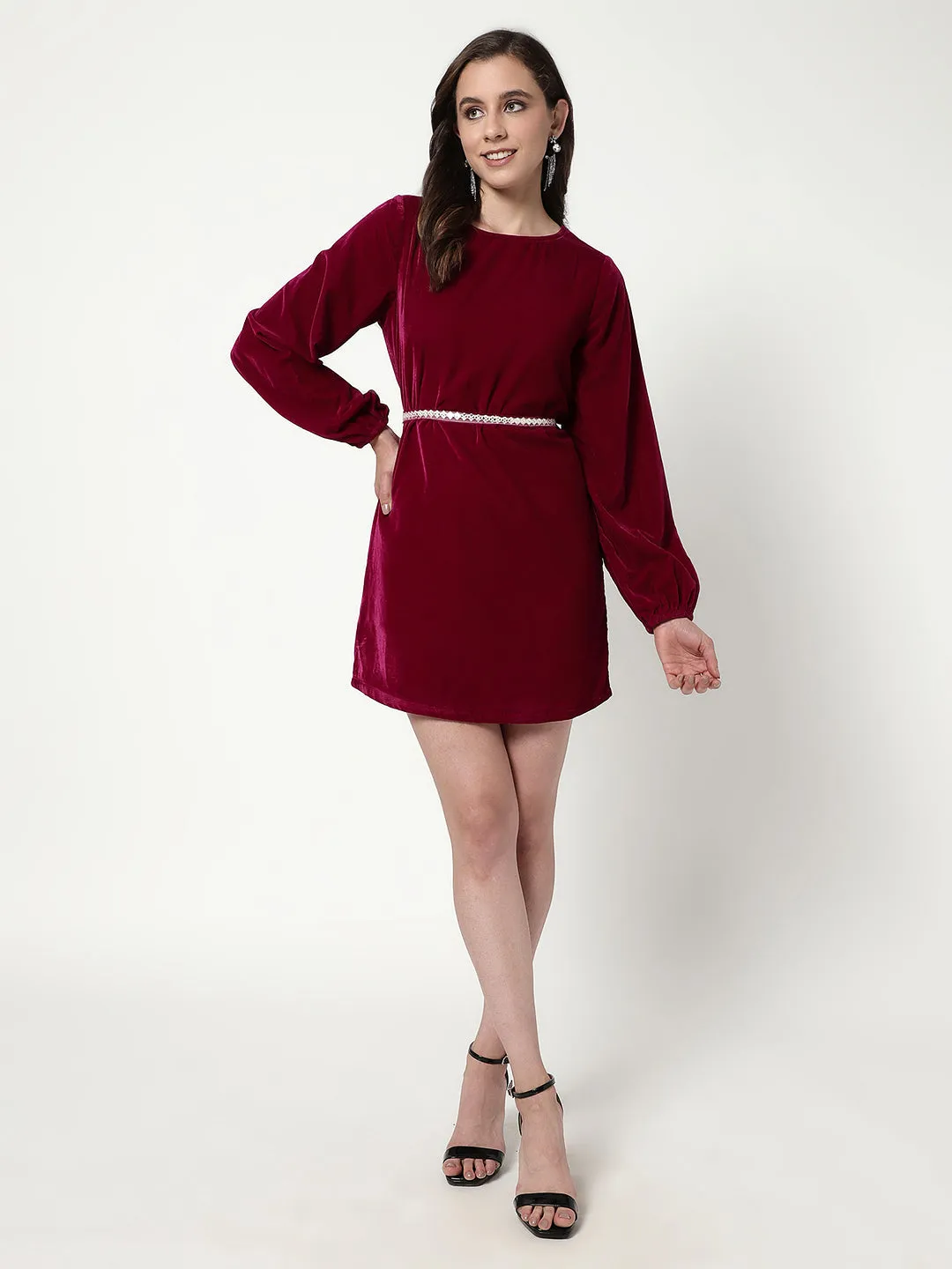 Solid Velvet Dress With Belt