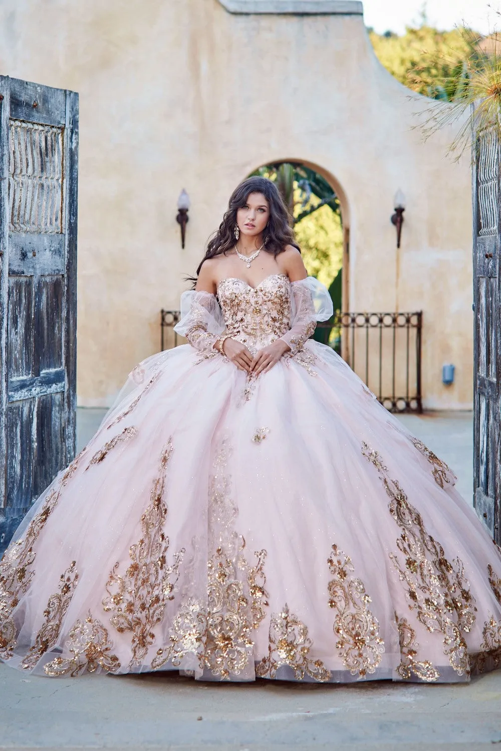 Strapless Puff Sleeve Tiered Ball Gown by Petite Adele PQ1054