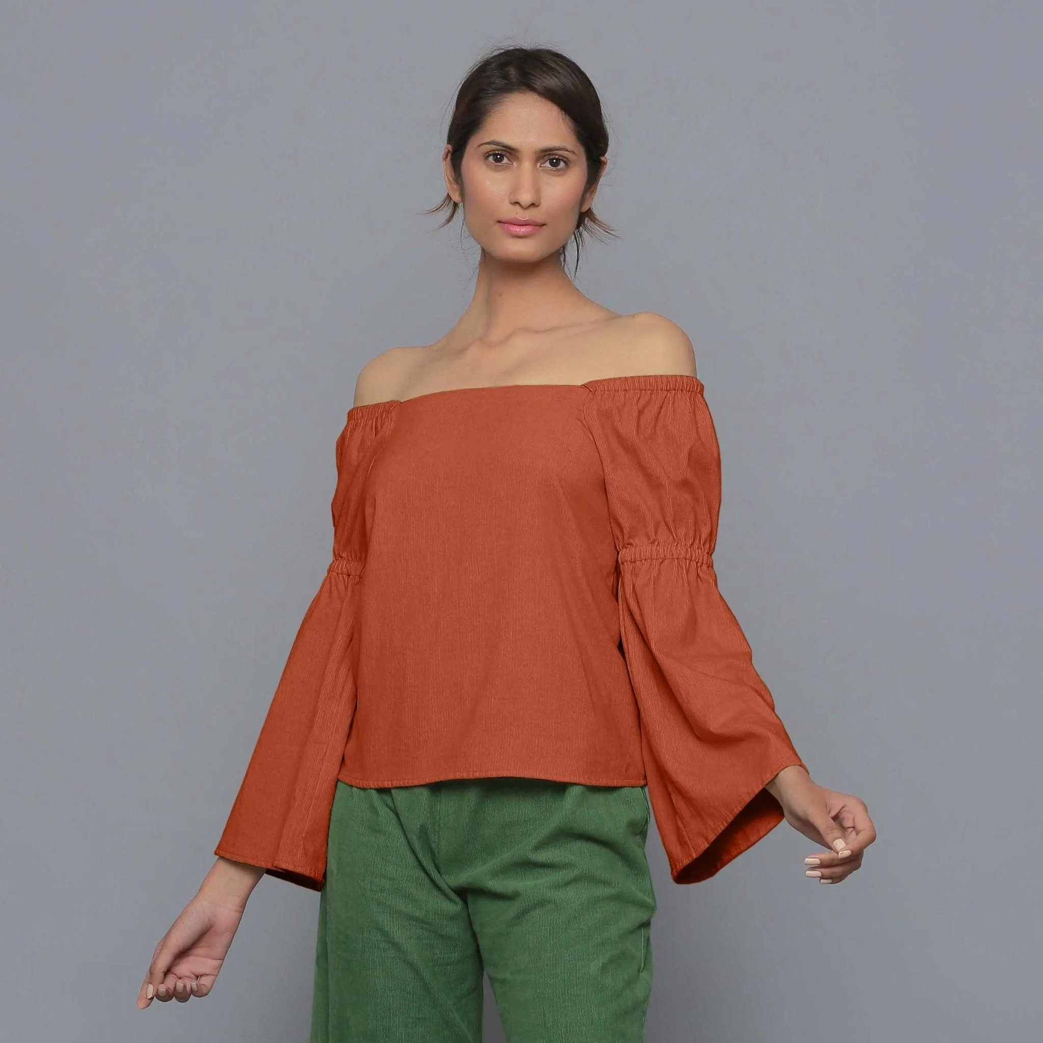 Sunset Rust Warm Cotton Corduroy Off-Shoulder Top