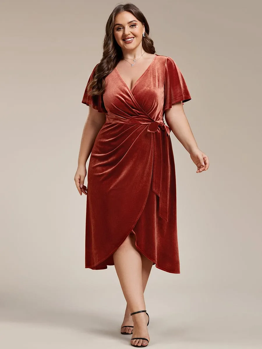 Tala | One-Piece Type Short Sleeves V-Neck Velvet Midi Wedding Guest Dress