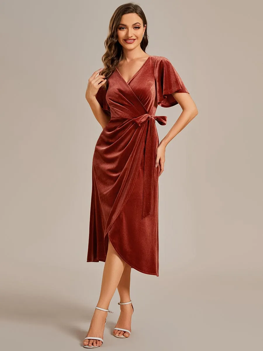 Tala | One-Piece Type Short Sleeves V-Neck Velvet Midi Wedding Guest Dress