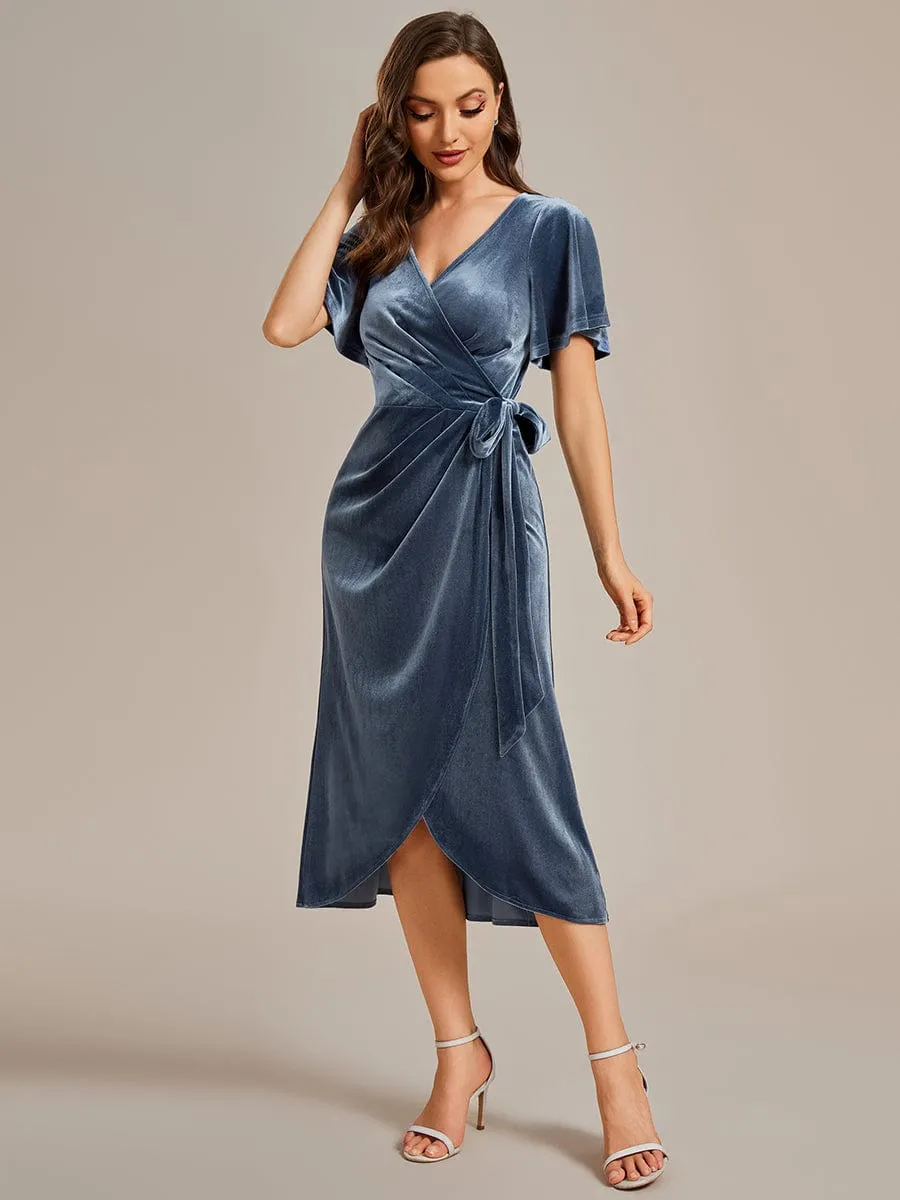 Tala | One-Piece Type Short Sleeves V-Neck Velvet Midi Wedding Guest Dress