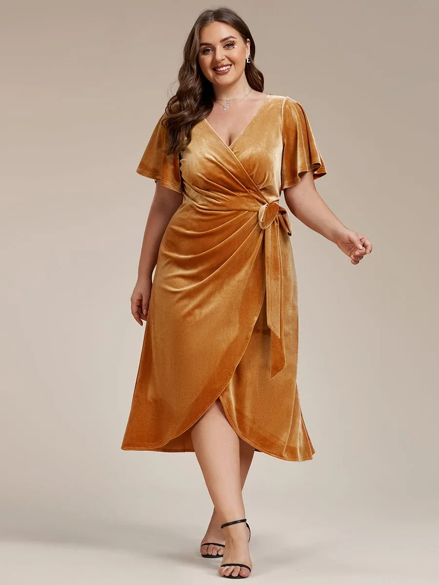 Tala | One-Piece Type Short Sleeves V-Neck Velvet Midi Wedding Guest Dress