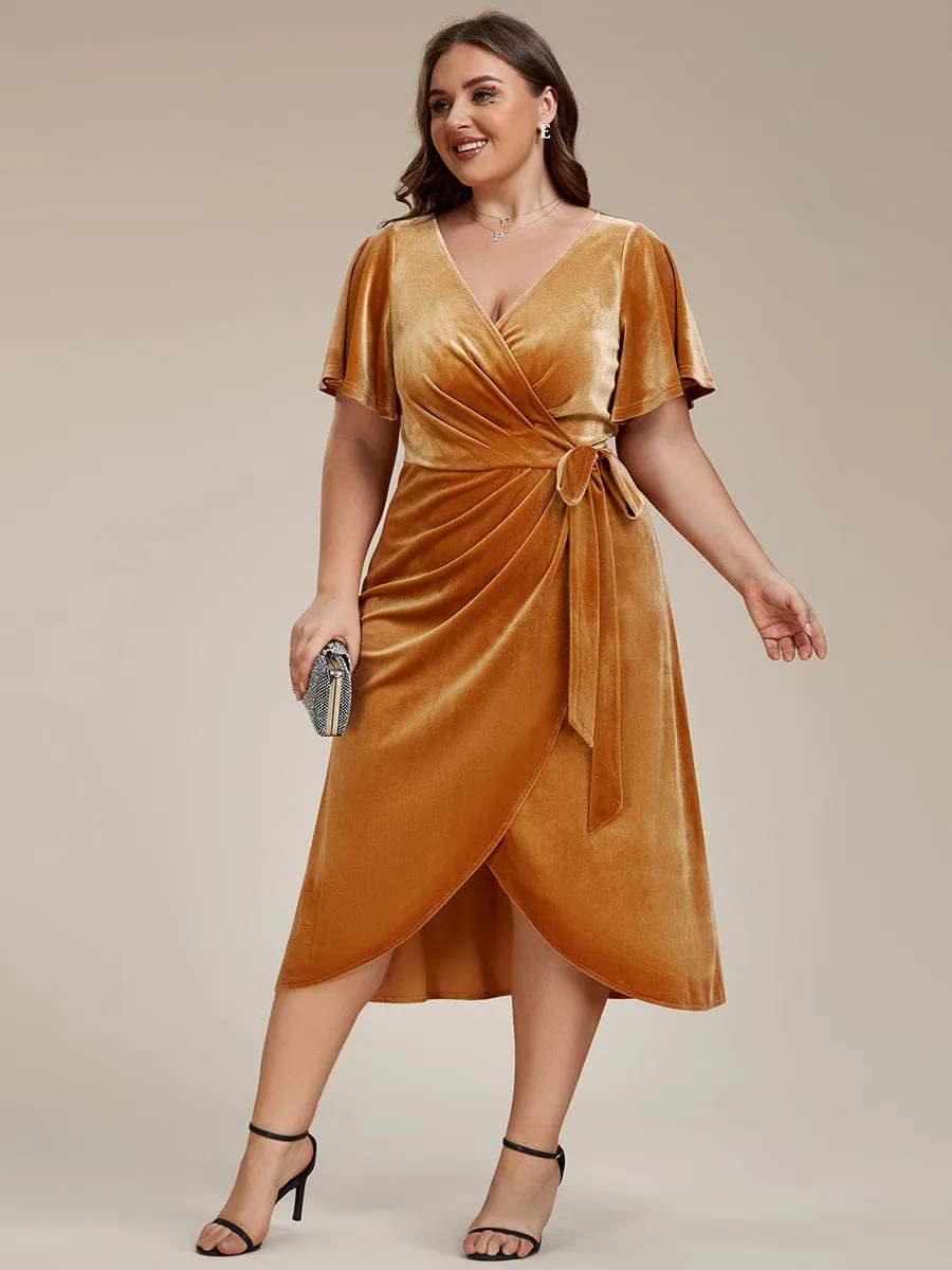 Tala | One-Piece Type Short Sleeves V-Neck Velvet Midi Wedding Guest Dress