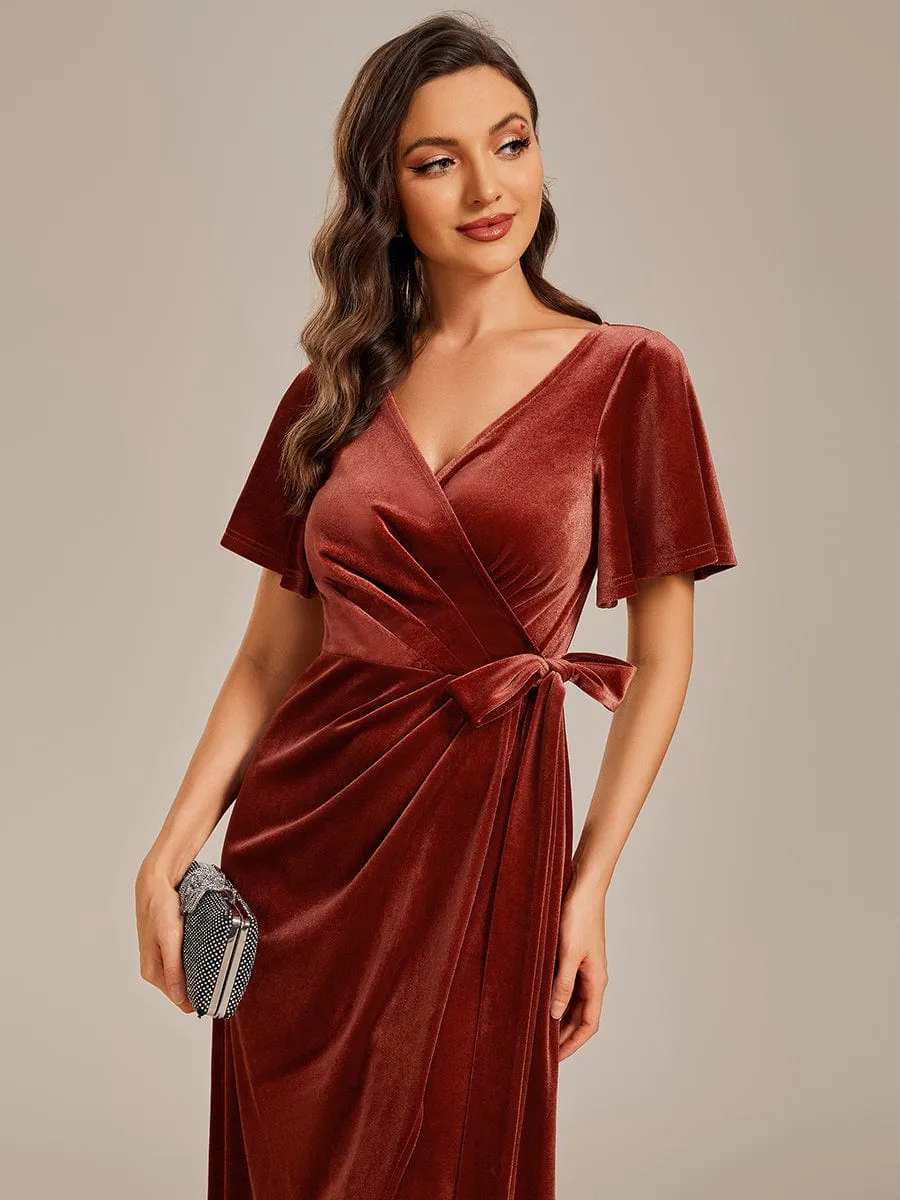 Tala | One-Piece Type Short Sleeves V-Neck Velvet Midi Wedding Guest Dress