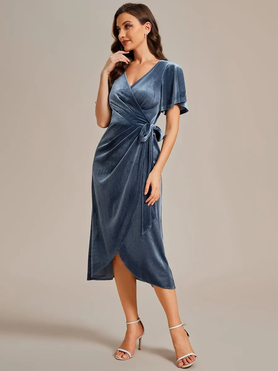 Tala | One-Piece Type Short Sleeves V-Neck Velvet Midi Wedding Guest Dress