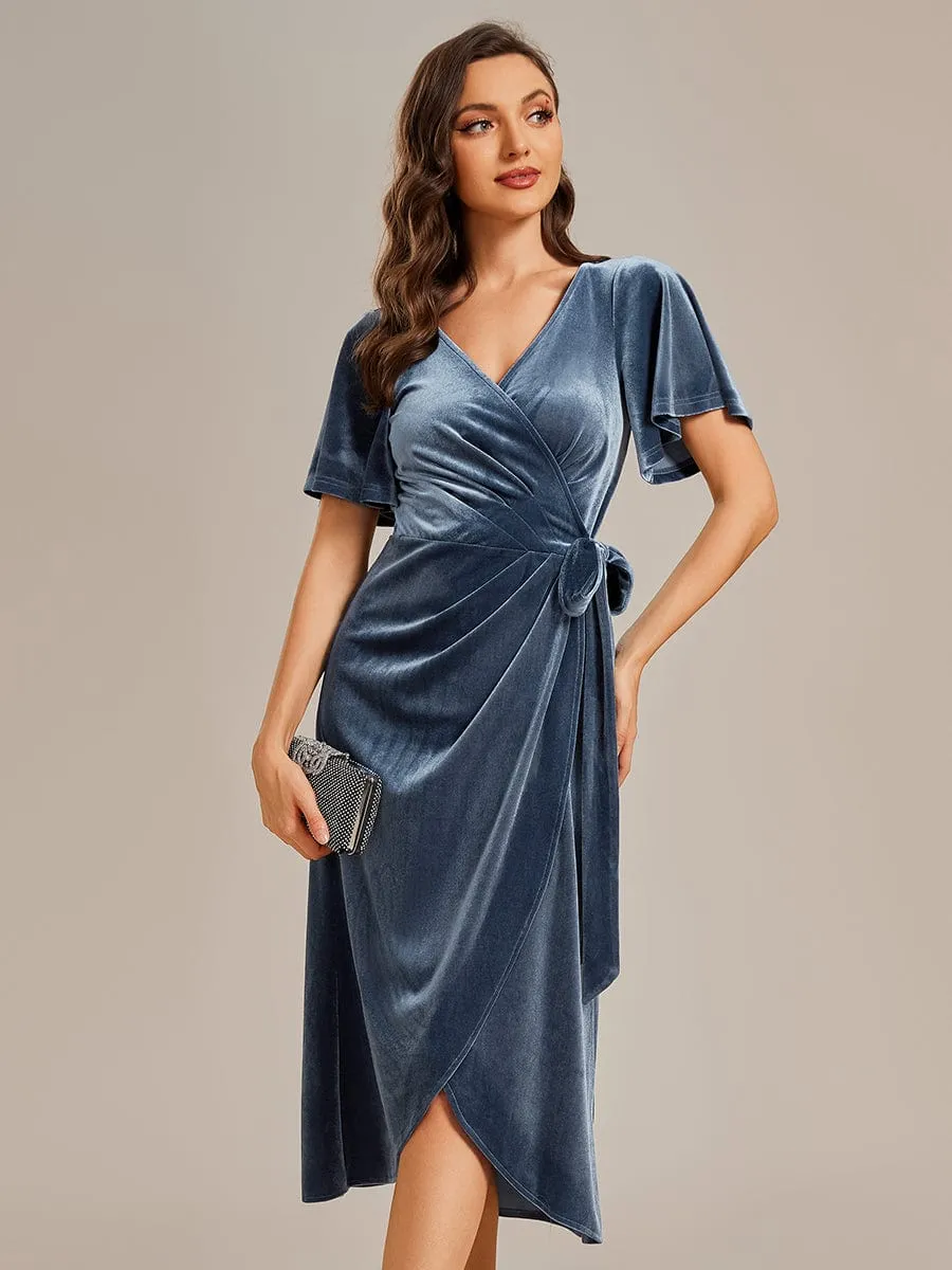 Tala | One-Piece Type Short Sleeves V-Neck Velvet Midi Wedding Guest Dress