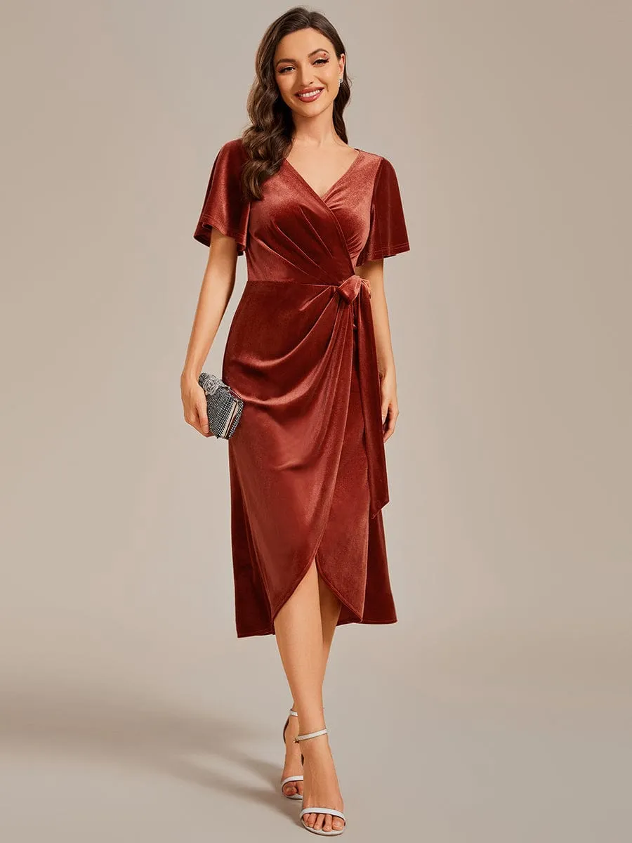 Tala | One-Piece Type Short Sleeves V-Neck Velvet Midi Wedding Guest Dress