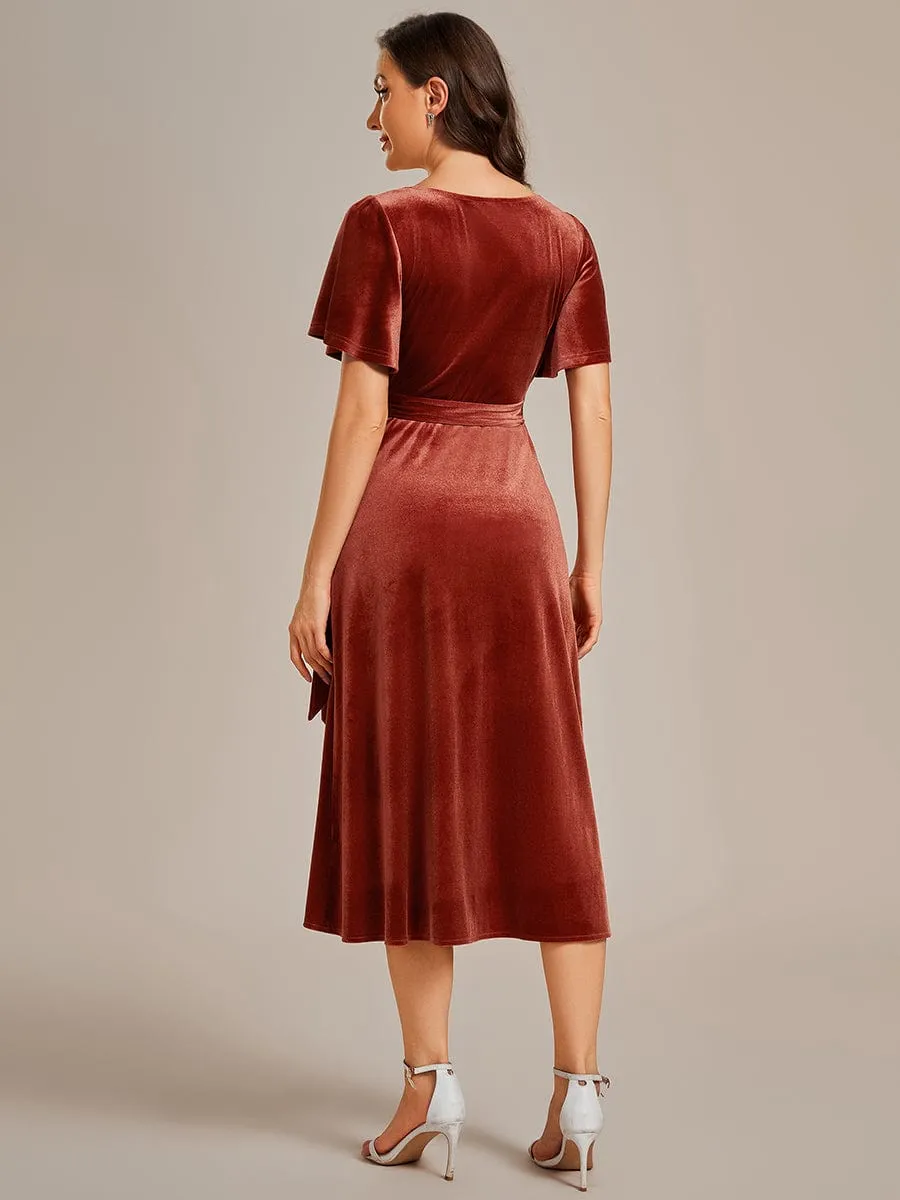 Tala | One-Piece Type Short Sleeves V-Neck Velvet Midi Wedding Guest Dress