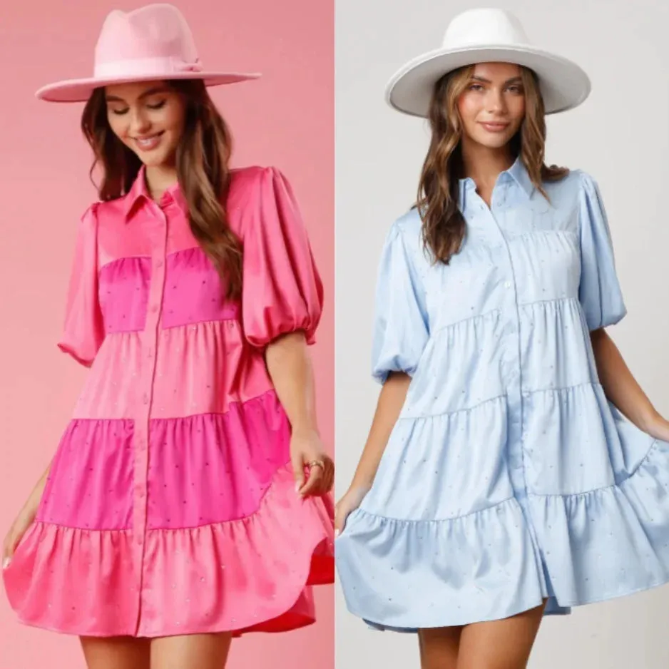 Tiered A-Line Shirt Dress with Princess Beading and Puff Sleeves