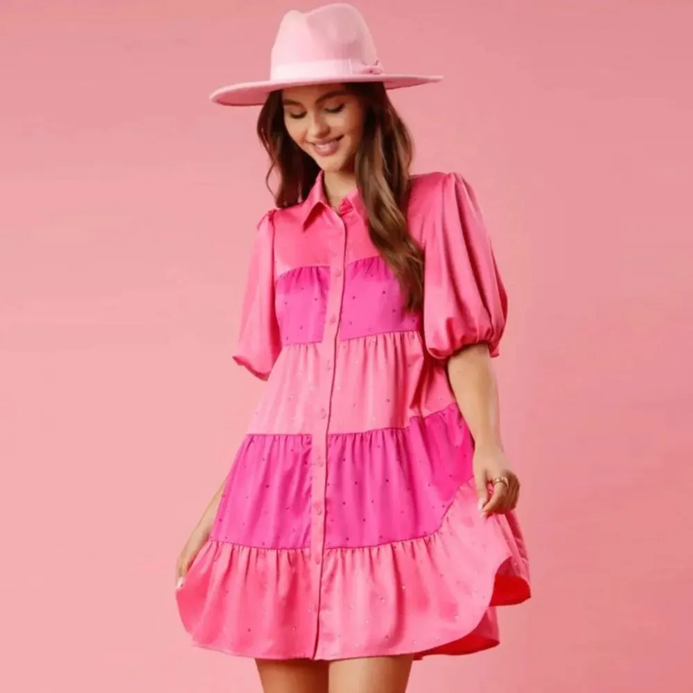 Tiered A-Line Shirt Dress with Princess Beading and Puff Sleeves