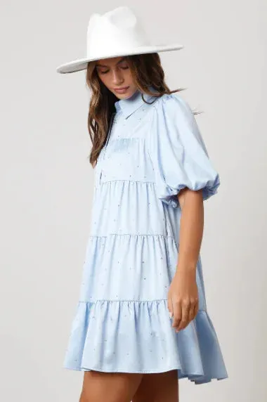 Tiered A-Line Shirt Dress with Princess Beading and Puff Sleeves