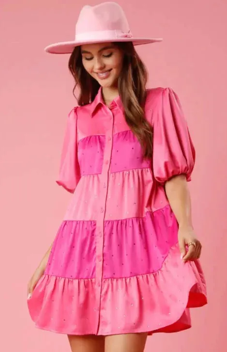 Tiered A-Line Shirt Dress with Princess Beading and Puff Sleeves