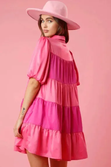 Tiered A-Line Shirt Dress with Princess Beading and Puff Sleeves