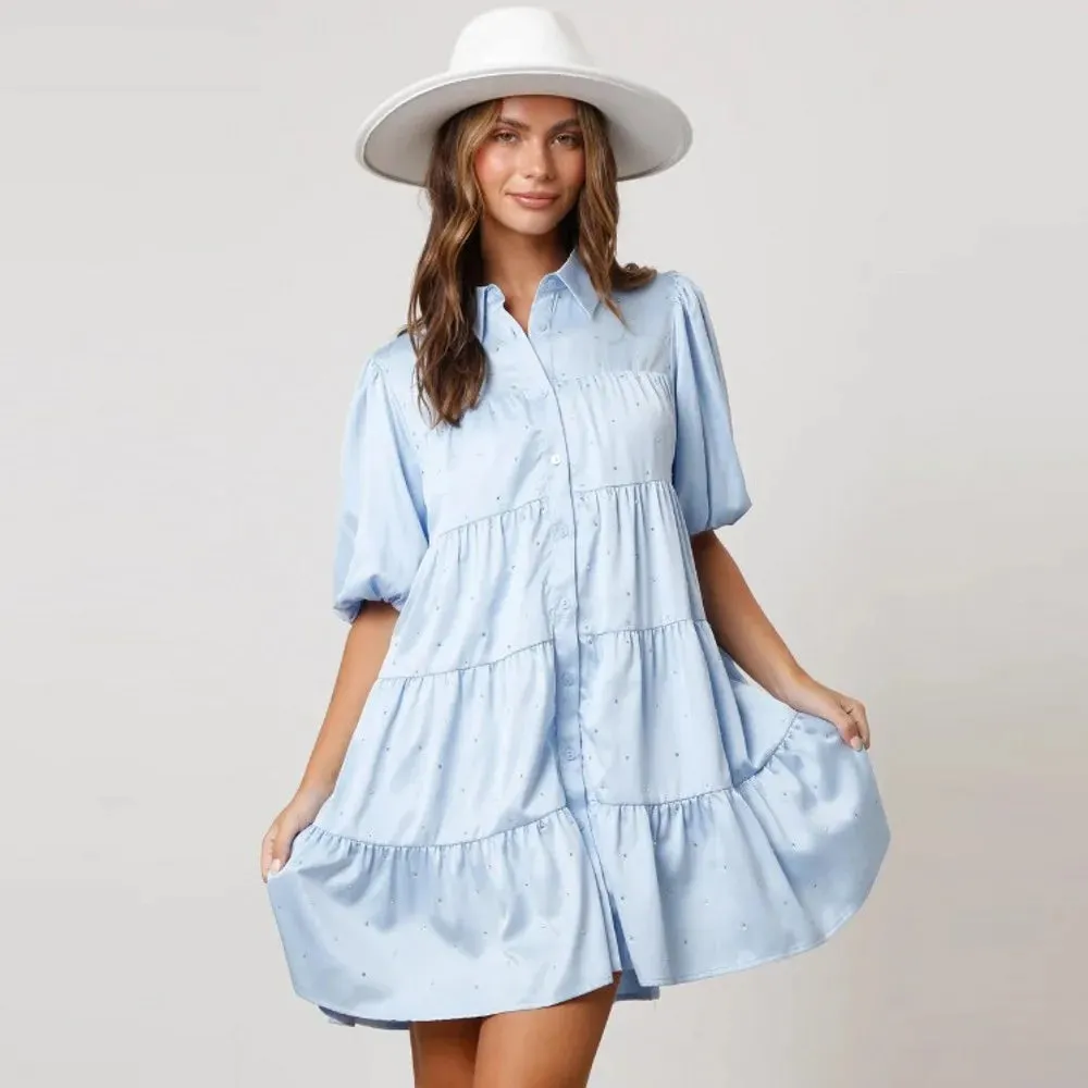 Tiered A-Line Shirt Dress with Princess Beading and Puff Sleeves