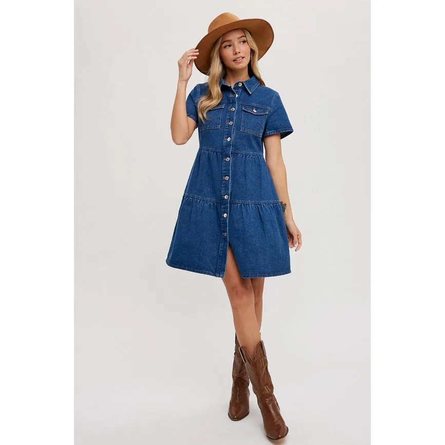 Tiered Denim Shirt Dress Med Wash