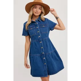 Tiered Denim Shirt Dress Med Wash