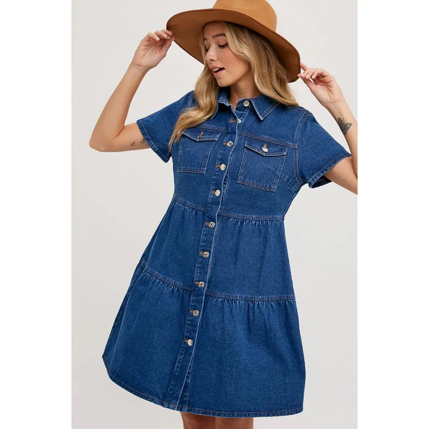 Tiered Denim Shirt Dress Med Wash