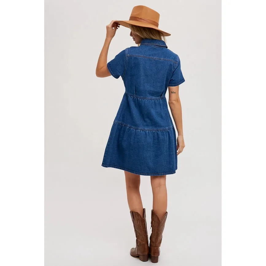 Tiered Denim Shirt Dress Med Wash