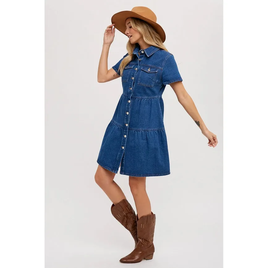 Tiered Denim Shirt Dress Med Wash