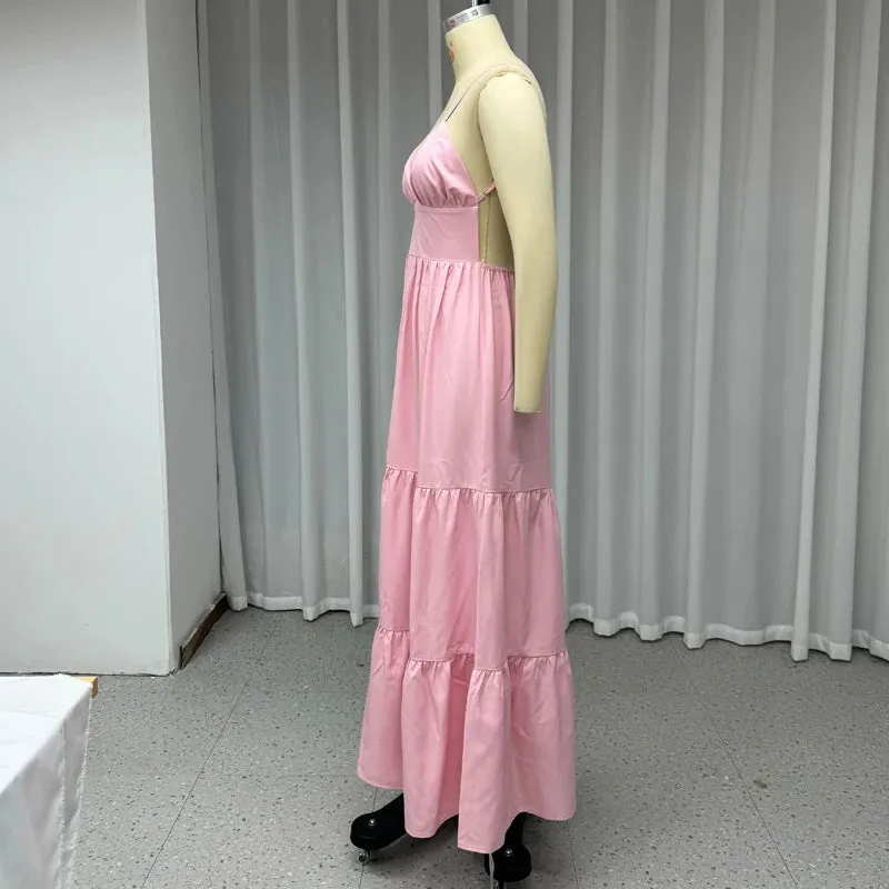 Vacation Pink Backless Tiered Maxi Dress